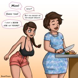 2girls attribute_swap big_breasts breast_expansion breast_growth brown_hair flat_chest mature_female milf swaptingz wide_hips