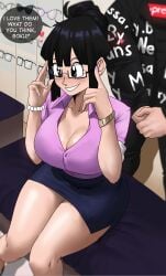 1boy 1girls black_hair chichi clothed dialogue dragon_ball dragon_ball_z drip_goku echosaber english_text female glasses hi_res hips large_breasts light-skinned_female light-skinned_male light_skin male mature_female milf mother short_hair shounen_jump slim_waist smile son_goku text thick_thighs thighs wide_hips