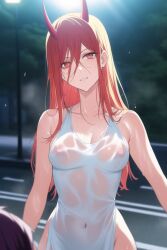 1girls ai_generated areolae big_breasts chainsaw_man demon_girl demon_horns female female_only kayahkiss light-skinned_female nai_diffusion nipples nude power_(chainsaw_man) red_hair shounen_jump stable_diffusion transparent_clothing wet