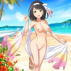 beach big_breasts black_hair breasts green_eyes honda_koharu honda_koharu_(sword_art_online) nipples nude nude_female pussy sea short_hair smiling sword_art_online thighs towel