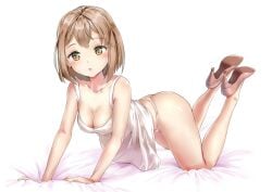 1girls 2020 2020s :o all_fours arm_support ass bangs bare_shoulders bed_sheet blush breasts brown_hair clothes_lift collarbone dress dress_lift feet_up female hi_res high_heels iskanderednaksi looking_at_viewer medium_breasts open_mouth orange_eyes original panties shiny shiny_skin sleeveless sleeveless_dress solo spread_legs thong underwear wedgie white_dress