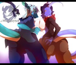 2girls ace_(kamex) breast_squeeze clothed croodaka dragon female furry horns lipstick looking_at_viewer looking_back retrospecter_(character) rule_63 topless watermark