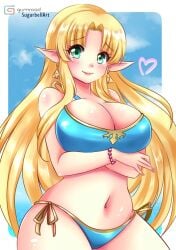 1girls arms_under_breasts bikini blonde_hair blue_bikini blue_swimsuit bracelet breasts clouds earrings gold_trim green_eyes large_breasts long_hair looking_at_viewer midriff navel nintendo painted_fingernails princess_zelda side-tie_bikini side-tie_swimsuit sky sugarbell swimsuit the_legend_of_zelda triforce_earrings zelda_(a_link_between_worlds)