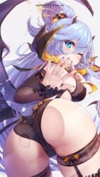 1girls against_glass aqua_(konosuba) artist_signature ass back back_view bending_over blue_hair breasts female halloween huge_ass kono_subarashii_sekai_ni_shukufuku_wo! light-skinned_female light_skin long_hair mitsu_art naughty_face panties patreon_username sideboob smile succubus succubus_costume tail tail_accessory thick_thighs thighhighs thighs wink