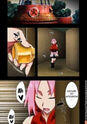 1girls colored comic dialogue female female_only hallway long_hair naruto naruto_(series) naruto_shippuden opening_door pink_hair sakura_haruno solo solo_focus story sunahara_wataru text voluptuous walking