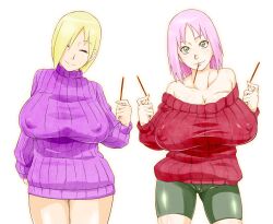 2girls almost_naked bare_legs bare_shoulders barely_clothed big_breasts bike_shorts blonde_hair bottomless breasts closed_eyes erect_nipples erect_nipples_under_clothes female female_only green_eyes holding_object huge_breasts ino_yamanaka large_breasts looking_at_viewer mostly_nude multiple_girls naruto naruto_(series) naruto_shippuden offering offering_to_another pink_hair pocky pocky_in_mouth puffy_nipples sakura_haruno smile sunahara_wataru sweater visible_nipples voluptuous