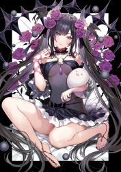 1girls 1other barefoot belly_button belly_button_visible_through_clothing black_hair black_nails blush breasts clothed clothing eyebrows_visible_through_hair feet female flowers_in_hair ghost goddess_gardens_paradise horns jewelry light-skinned_female light_skin looking_at_viewer medium_breasts megami_rakuen:gadesu_paradaisu persephone_(gadepara) purple_eyes see-through_clothing yadapot