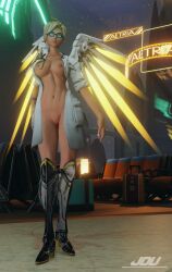 1girls 3d big_breasts blizzard_entertainment blonde_hair blonde_hair_female blue_eyes blue_eyes_female casual dr._ziegler eyewear female female_only glasses human jdv legwear looking_at_viewer mercy nipples outerwear overwatch pale_skin pussy solo_female