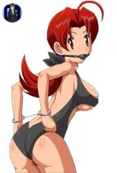 1girls arms_behind_back ass ball_gag black_ball_gag black_swimsuit bondage bossbb41 breasts choker cuffs delia_ketchum_(pokemon) female femsub gag gagged hand_cuffs large_breasts long_hair looking_at_viewer looking_back nintendo one-piece_swimsuit pokemon red_eyes red_hair restrained solo solo_female swimsuit third-party_edit