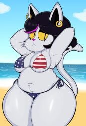 absurd_res anthro beach blackmore bra breasts catti_(deltarune) chubby_female cloud deltarune digital_media_(artwork) domestic_cat felid feline felis female fur genitals hair hi_res looking_at_another mammal navel nipples overweight panties pussy raised_tail sea seaside sky solo tail thick_thighs undertale_(series) united_states_of_america water white_body white_fur wide_hips