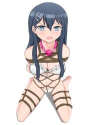 1girls advancedgaben arms_tied_behind_back ball_gag bikini blue_eyes blue_hair bondage bound breasts danganronpa drool female female_only femsub gag gagged hair_ornament kneeling large_breasts legs_tied long_hair looking_at_viewer maizono_sayaka midriff navel rope rope_bondage shibari_over_clothes smooby smoobyrope straight_hair swimsuit third-party_edit white_bikini white_swimsuit