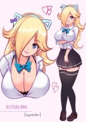 1girls arms_under_breasts black_bra black_skirt black_socks blonde_hair blue_bowtie blue_eyes bowtie bra bra_peek breasts brown_loafers button_down_shirt cat_ears cleavage earrings female female_only hair_over_one_eye large_breasts loafers long_hair looking_at_viewer mario_(series) nintendo princess_rosalina school_uniform shirt skirt smile smiling socks solo star_earrings sugarbell thigh_socks thighhighs white_shirt