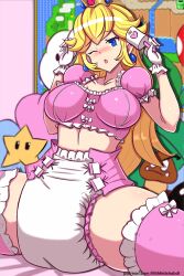 1girls blonde_hair blue_eyes bob-omb bow bow_thighhighs breasts crop_top crown diaper earrings female female_focus gloves goomba holding_rattle indoors infantilism large_breasts lilith-fetish long_hair map mario_(series) nintendo one_eye_closed pink_crop_top pink_diaper princess_peach rattle sitting solo_focus star super_mario_bros. super_mario_world thighhighs