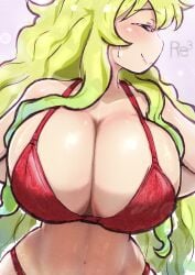 1girls big_breasts bikini blush breasts closed_eyes female female_focus female_only huge_breasts long_hair miss_kobayashi's_dragon_maid multicolored_hair ozrereresan quetzalcoatl_(dragon_maid) shiny_skin smile solo upper_body