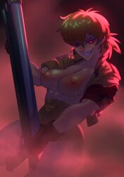 1girls abs areolae big_breasts blonde_hair breasts casual clothing exposed_breasts eye_contact female female_focus female_only firearm handwear hellsing hellsing_ultimate light-skinned_female looking_at_viewer muscular_female nipples pale_skin playzholder red_eyes rifle seras_victoria short_hair smile smiling_at_viewer sweat teeth thick_thighs thighs vampire weapon