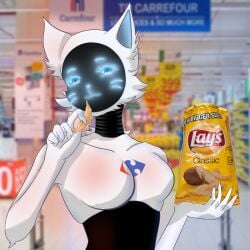 1girls 2d anthro blue_eyes breasts carrefour catgirl female female_only holding_food humanoid kerfuś kerfuś_female robot robot_girl robot_humanoid screen_face solo tagme