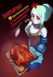 1girls angry angry_face apron apron_only casual cd_projekt_red chicken cleavage cooking cute cute_face cyberpunk:_edgerunners cyberpunk_2077 female female_only food green_hair housewife human imminent_eating krekk0v netflix outerwear pale_skin rebecca_(edgerunners) red_sclera small_breasts studio_trigger unusual_pupils wholesome