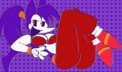 anthro looking_at_viewer needlemouse_(character) needlemouse_(series) purple_background sarah_henderson_(needlemouse) shantae shantae_(cosplay) shantae_needlemouse smiling_at_viewer smooth_skin sonic.exe