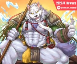 5_fingers 6:5 abs anthro asian_clothing beard biceps biped black_nose body_hair canid canine canis chest_hair claws clothed clothing colored east_asian_clothing eyebrows facial_hair fingers fishing_rod fundoshi fur grey_body grey_eyebrows grey_fur grey_tail hi_res humanoid_hands inner_ear_fluff japanese_clothing law_(sdorica) male mammal muscular muscular_anthro muscular_male muscular_thighs navel nipples pecs pubes purple_pubes sdorica sitting solo spread_legs spreading thick_eyebrows tuft underwear weedwolf wolf yellow_clothing yellow_fundoshi yellow_sclera yellow_underwear