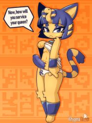 1boy 2022 animal_crossing ankha balls blue_eyes blue_hair blue_penis cat_ears dick egyptian english_text futa_only genderswap genderswap_(ftm) male male_ankha male_focus male_only nintendo penis rule_63 shirt_lift tail text thong thong_down thong_panties thong_pull twink whygena yellow_fur