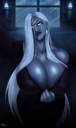 2022 big_breasts blue_skin breasts busty cleavage earrings female female_focus female_only hourglass_figure large_breasts long_fingernails long_hair nexjade scar selfie silver_hair tagme thyra tiddybandito warcraft wide_hips world_of_warcraft