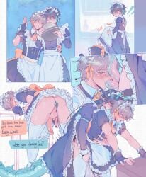 2boys alternate_costume animal_penis apron bent_over black_dress black_thighhighs blush butt_plug caelus_(honkai:_star_rail) closed_mouth crispyfrites crossdressing crossdressing_(mtf) dan_heng_(honkai:_star_rail) dan_heng_(imbibitor_lunae)_(honkai:_star_rail) dress erection extra_penises fellatio grey_hair hand_up highres honkai:_star_rail honkai_(series) jewel_butt_plug kneeling maid maid_apron maid_headdress male_focus multiple_boys oral orange_hair pectorals penis pinafore_dress precum sex sex_from_behind sex_toy short_hair sleeveless sleeveless_dress standing standing_sex stealth_fellatio stealth_sex testicles thighhighs trailblazer_(honkai:_star_rail) uncensored white_apron white_thighhighs yaoi