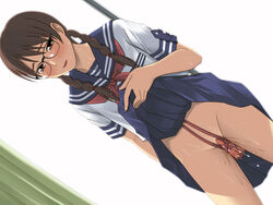 blush bondage brown_eyes brown_hair dildo female glasses pussy pussy_juice school_uniform serafuku skirt_lift smile solo tied_hair twintails yizumi