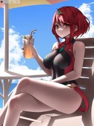 1girls absurdres artist_name beach_chair beach_umbrella black_one-piece_swimsuit blue_sky bob_cut breakthrough_rr breasts chair chest_jewel closed_mouth commentary_request completion_time core_crystal_(xenoblade) crossed_legs cup drink drinking_straw earrings feet_out_of_frame female gem green_gemstone highres holding holding_cup holding_drink jewelry large_breasts looking_at_viewer on_chair one-piece_swimsuit pyra pyra_(pro_swimmer)_(xenoblade) pyra_(xenoblade) red_eyes red_hair riro_(breakthrough_rr) short_hair sidelocks sitting sky smile solo swept_bangs swimsuit table tiara turtleneck turtleneck_one-piece_swimsuit twitter_x_logo umbrella xenoblade_chronicles_(series) xenoblade_chronicles_2