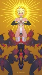 1boy 4girls ahoge androgynous anus artist_name black_skin blonde_hair breasts chastity_cage closed_eyes closed_mouth colored_skin covered_navel cross cross_earrings cross_necklace demon_girl demon_horns earrings futanari glowing glowing_eyes halo highres horns jewelry large_breasts licking multiple_girls necklace original praying short_hair short_tail skindentation tail tailbox testicles wide_hips yellow_background yellow_eyes