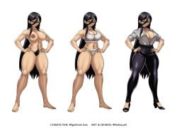 barefoot black_eyes black_hair black_pants bra breasts cleavage commission expressionless female female_pubic_hair full_body grey_bra grey_panties hair_between_eyes hands_on_own_hips highres long_hair looking_at_viewer medium_breasts multiple_views navel nekiaya0 nipples open_mouth original panties pants pubic_hair shirt simple_background sleeves_rolled_up stomach toes toned toned_female unbuttoned underwear underwear_only very_long_hair white_background white_shirt