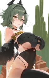 absurdres alternate_costume armor blush breasts cactus caesar_king caesar_king_(zenless_zone_zero) commentary english_commentary fake_horns female green_hair hair_between_eyes hair_intakes hair_ornament highres horns large_breasts light_blush looking_at_viewer paid_reward_available short_hair single_thighhigh solo sweat thighhighs translation_request underboob x_hair_ornament yellow_eyes yonesdraws zenless_zone_zero