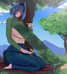 alternate_costume blue_eyes blue_hair blue_pants blue_sky breasts erasorpepero female grass green_shirt hair_intakes highres hololive hololive_english huge_breasts medium_hair mountain ouro_kronii outdoors pants seiza shade shirt sitting sky solo tree virtual_youtuber
