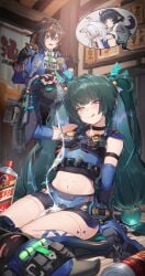 1boy 3girls absurdres android bangboo_(zenless_zone_zero) black_gloves braid breasts cup gloves glowing glowing_eyes green_eyes green_hair highres holding holding_cup jane_doe_(zenless_zone_zero) long_hair looking_at_viewer multiple_girls pouring pouring_onto_self qingyi_(zenless_zone_zero) securityboo_(zenless_zone_zero) seth_lowell sidelocks sphere_hair_ornament sunnillust teacup twintails vomiting_rainbows zenless_zone_zero zhu_yuan