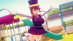 3d a_hat_in_time aged_up big_breasts blue_eyes breasts brown_hair cape dress female happy happy_female hat hat_adult hat_kid koikatsu large_breasts light-skinned_female light_skin long_hair looking_at_viewer navel navel_visible_through_clothes open_mouth papaoso ponytail purple_dress purple_hat purple_skirt skirt smile smiling smiling_at_viewer stockings thigh_highs thighhighs thighs voluptuous voluptuous_female white_stockings wide_hips yellow_cape