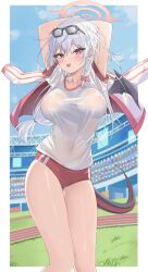 1girls bloomers blue_archive blush braided_hair cameltoe clothed clothed_female eyewear eyewear_on_head female female_only glasses glasses_on_head hair_ornament halo haruna_(blue_archive) haruna_(gym_uniform)_(blue_archive) jinmuxi_(user_pvha4443) light-skinned_female light_skin long_hair navel_visible_through_clothes nipple_bulge open_mouth red_eyes see-through solo standing sweat thigh_gap thighs tongue white_hair wings