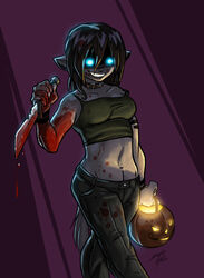 1girls anthro blood blood_drip blood_stain bloody_clothes bloody_knife blue_eyes breasts brown_hair clothes color covered_breasts evil_smile female female_only front_view fur furry furry_ears furry_tail glowing_eyes grey_fur guro hair jack-o'-lantern knife large_breasts midriff open_eyes pointy_ears smile solidasp solo stained_clothes tail walking