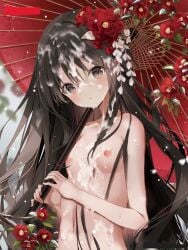 ai_assisted black_eyes black_hair collarbone completely_nude cum cum_drip cum_on_breasts cum_on_face cum_on_hair cum_on_stomach day drooling female flat_chest flower holding_umbrella long_hair looking_at_viewer navel nipples nude nude_filter snow standing third-party_edit umbrella winter