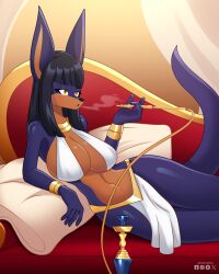 2025 aaliyah_al-jakum big_breasts black_hair blue_fur breasts canine cleavage female female_only furry gold_bracelet hookah laying_on_back long_hair lying_down orange_eyes orange_fur original original_character pillow purple_fur redbluedude smoking thighs