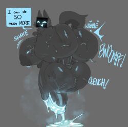 2025 absurd_res anthro areola ass balls biped black_text blue_cum blue_eyes bodily_fluids breasts cofficremer colored_cum cum dialogue english_text exclamation_point felid feline female fingers fur genital_fluids genitals grey_background gynomorph heart_symbol hi_res intersex looking_at_viewer looking_back machine mammal motion_lines musk musk_clouds nipples nude open_mouth open_smile penis robot simple_background smile solo sound_effects speech_bubble sweat tail talking_to_viewer text unusual_bodily_fluids unusual_cum unusual_genital_fluids