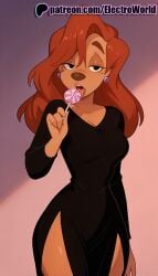 1girls 2025 ai_generated artist_name candy disney earrings electroworld english_text eyeshadow female food goof_troop hi_res high_quality high_resolution highres jewelry licking lollipop long_hair makeup patreon patreon_username roxanne_(goof_troop) solo stable_diffusion tongue tongue_out watermark