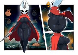 1girls anthro arthropod ass ass_shot backboob big_ass big_breasts black_body black_eyes black_skin blush breast_focus breasts cloak cloak_only close-up dio_morningstar female female_only full_body hips holding_object holding_weapon hollow_knight hornet_(hollow_knight) huge_ass looking_back morningstar_(artist) multiple_views red_cloak solo solo_female thick_thighs thighs weapon wide_hips