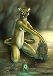 anthro cave cougar feline female fur furry glow kneeling nude rune semi-anthro solo the_feline_canine