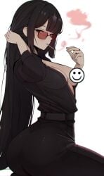 black_hair breasts censored cigarette cigarette_in_mouth cleavage eyebrows_visible_through_hair eyelashes_visible_through_hair formal formal_clothes formal_wear glasses glasses_on_face idiot limbus_company long_hair looking_at_viewer m_ayonessa open_clothes open_shirt project_moon red_eyes red_smoke ryoshu_(limbus_company) smoking smoking_cigarette white_background you_are_an_idiot!