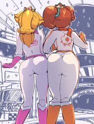 2girls ass ass-to-ass biker_clothes bikesuit blonde_hair bodysuit boots brown_hair crown from_behind gloves highres huge_ass immisterplow mario_(series) mario_kart mini_crown monochrome_background mrplow34 multiple_girls nintendo official_alternate_costume official_alternate_hairstyle orange_boots orange_gloves pink_boots pink_gloves plow_(witch_parfait) princess_daisy princess_peach side-by-side thigh_gap