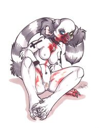 2003 anthro blood breasts collar color curled_up emo female heterochromia holly_massey lemur nipple_piercing nipples piercing pussy sitting solo spread_legs spreading tail tattoo zeriara_(character)