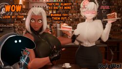 1boy 2girls 3d beelzebub_(helltaker) big_breasts coffeewarka_(kein_wal) gold_(character) helltaker imminent_rape imminent_sex kein_wal large_breasts larger_female public robot robot_boy robot_femboy tagme text