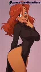 1girls 2025 ai_generated artist_name breasts bust chest covered_nipples disney dress earrings electroworld female goof_troop gradient gradient_background hi_res high_quality high_resolution highres jewelry licking licking_finger long_hair patreon patreon_username pink_background roxanne_(goof_troop) solo stable_diffusion tongue tongue_out watermark