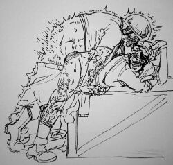 anal anal_sex beard blush blush_lines blushing_profusely clothed_sex crate demoman_(team_fortress_2) gay gay_anal gay_sex helmet leg_hair male male_only motion_lines on_crate pants_down rough_sex sex_from_behind soldier_(team_fortress_2) team_fortress_2 thrusting thrusting_into_ass weinerrwizard