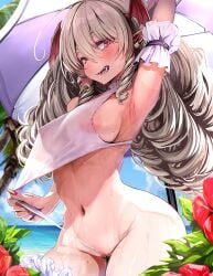 areola_slip arm_behind_head armpits arms_up beach_umbrella blonde_hair blue_sky breasts clothes_pull drill_hair fangs female flower highres kajimakoto large_breasts mole mole_on_thigh nail_polish navel nipples ocean one-piece_swimsuit one-piece_swimsuit_pull original outdoors partially_visible_vulva pussy pussy_peek red_eyes red_nails see-through_clothes see-through_one-piece_swimsuit sky swimsuit umbrella vampire white_one-piece_swimsuit