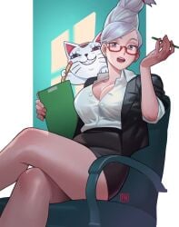 1girls ayase_seiko black_jacket black_skirt breasts chair cleavage clipboard crossed_legs dandadan earrings feline female glasses highres holding holding_pen jacket jewelry large_breasts mature_female miniskirt office_lady open_mouth pen pencil_skirt poch4n red-framed_eyewear red_eyes shirt sitting skirt stud_earrings thighs turbo_granny_(dandadan) white_hair white_shirt